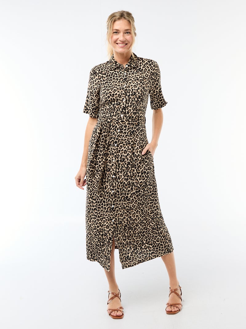 Robe longue forme chemise avec ceinture à nouer all-over Beige - Kiabi