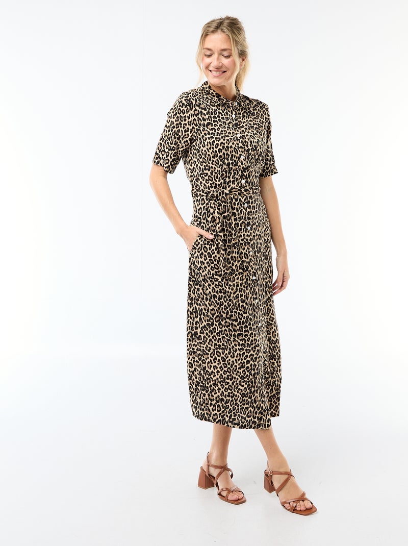 Robe longue forme chemise avec ceinture à nouer all-over Beige - Kiabi