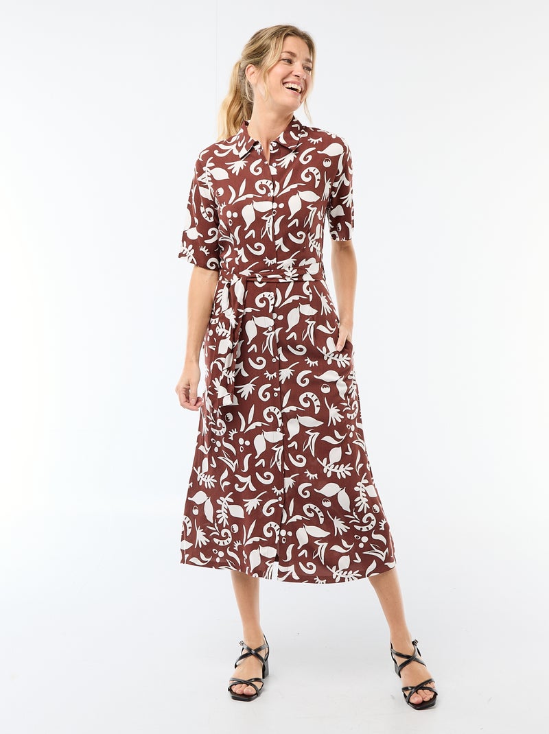Robe longue forme chemise avec ceinture à nouer all-over Marron - Kiabi
