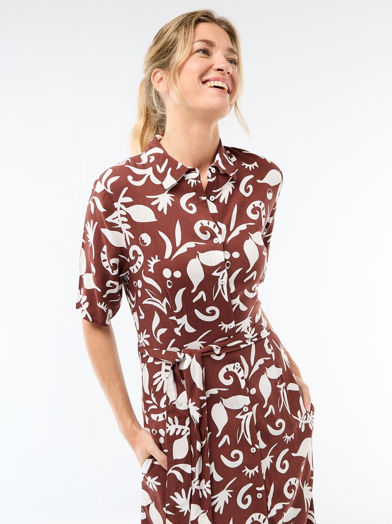 Robe longue forme chemise avec ceinture à nouer all-over Marron - Kiabi