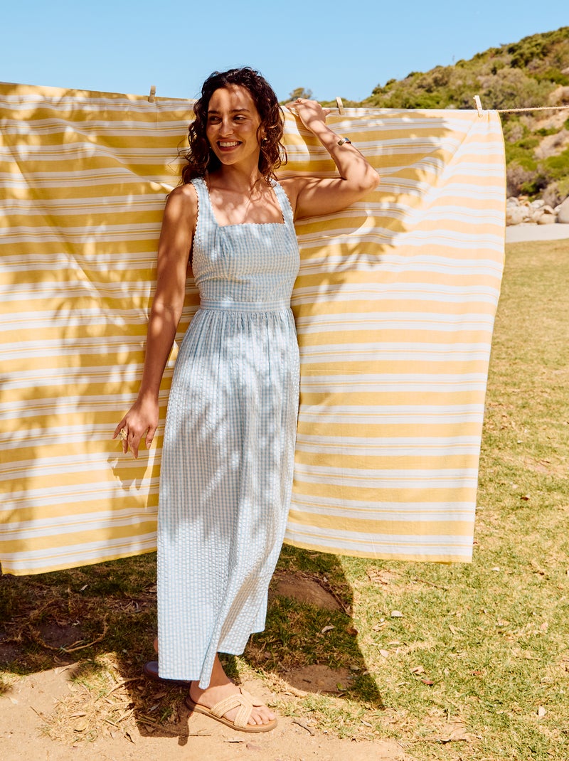 Robe longue maille gaufrée à bretelles croisées Bleu - Kiabi