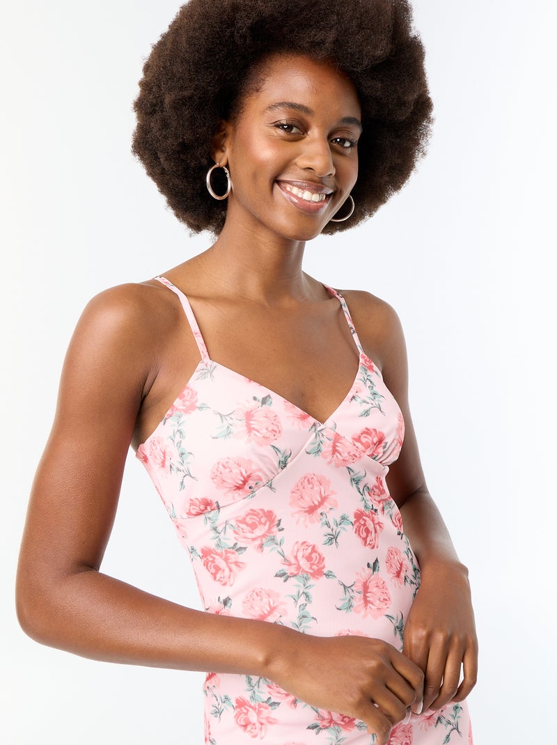 Robe longue motif à 'fleurs' Rose - Kiabi