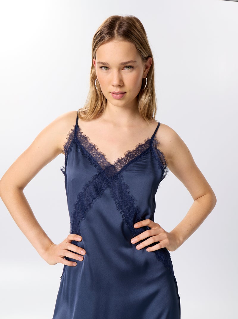 Robe longue satinée + dentelle Bleu - Kiabi