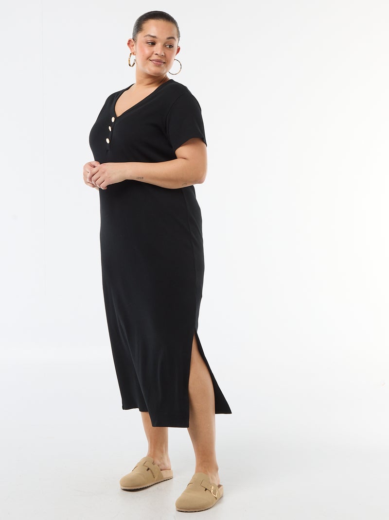 Robe longues côtelée à manches courtes Noir - Kiabi