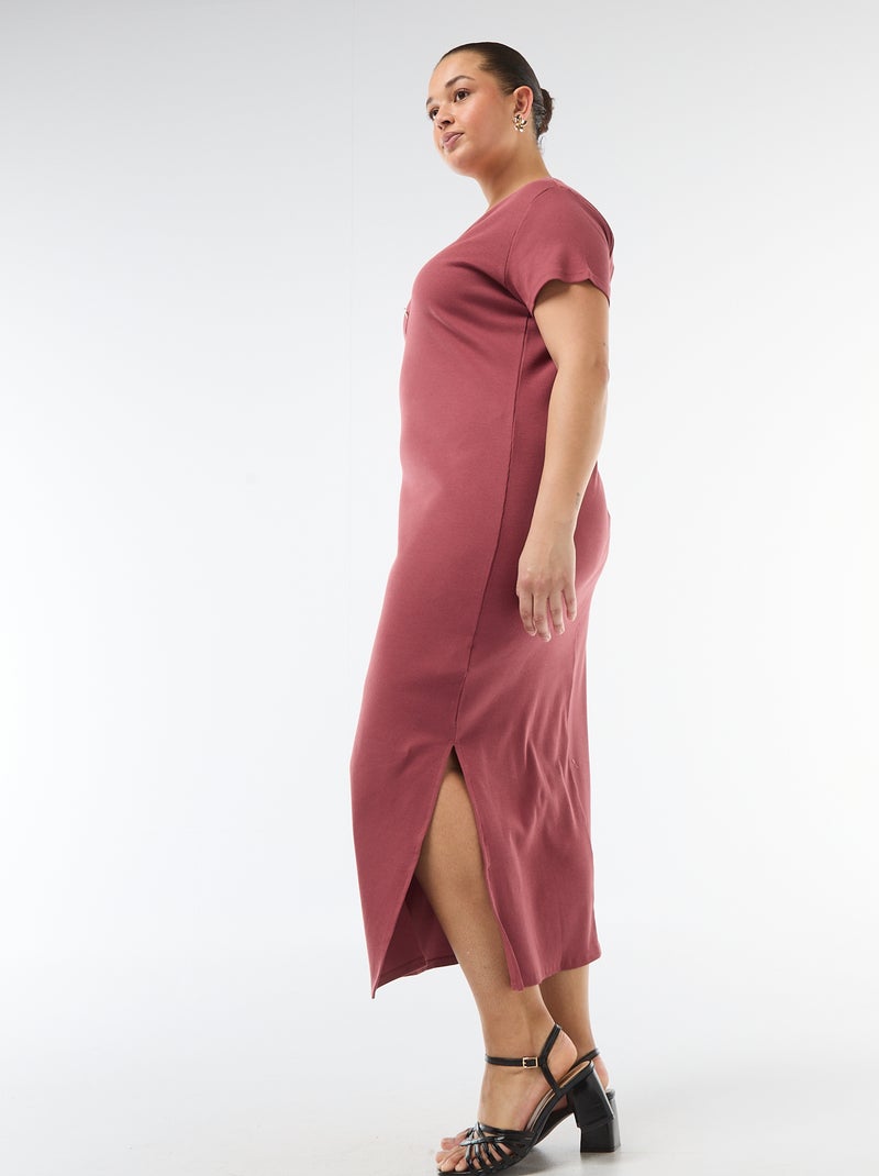 Robe longues côtelée à manches courtes Rouge - Kiabi