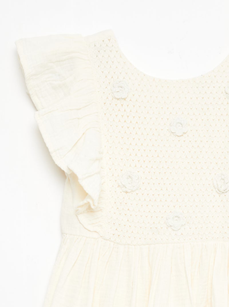 Robe manches courtes avec broderies au col en coton Blanc - Kiabi