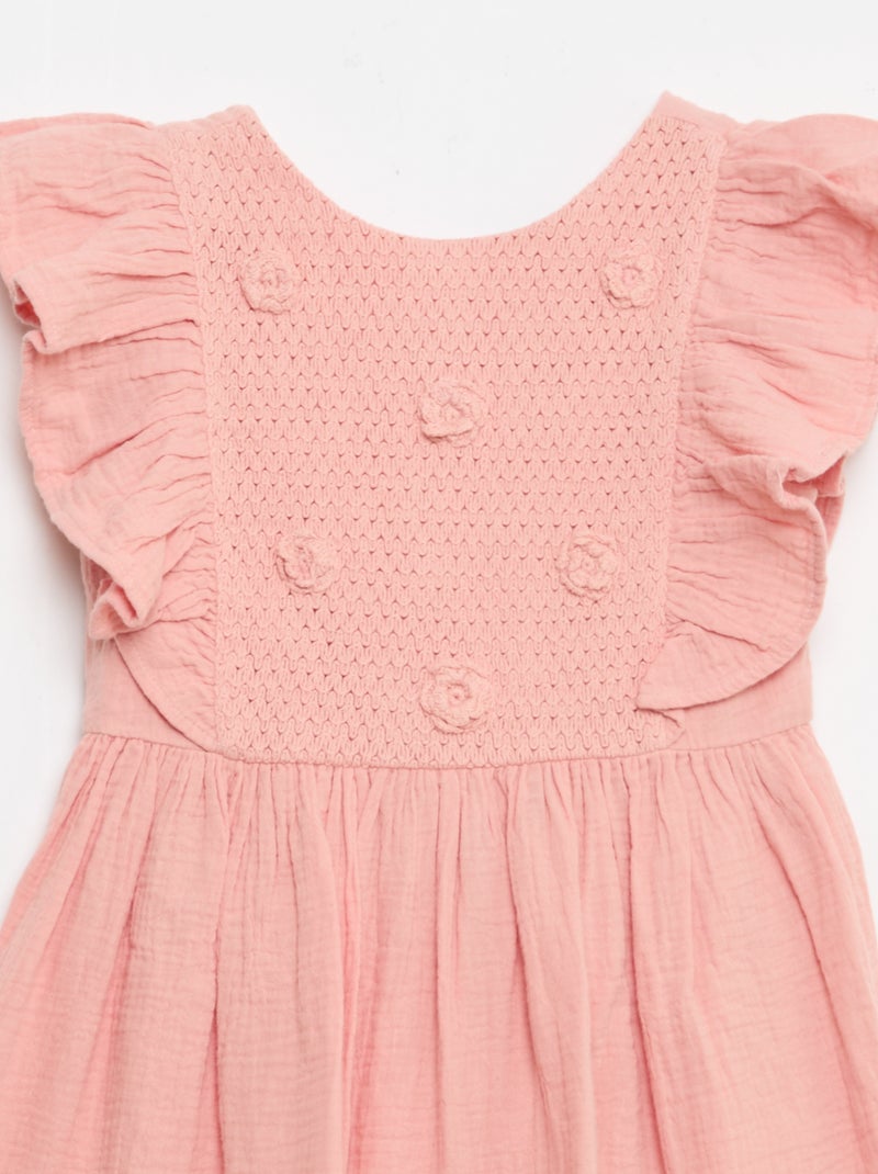 Robe manches courtes avec broderies au col en coton Rose - Kiabi