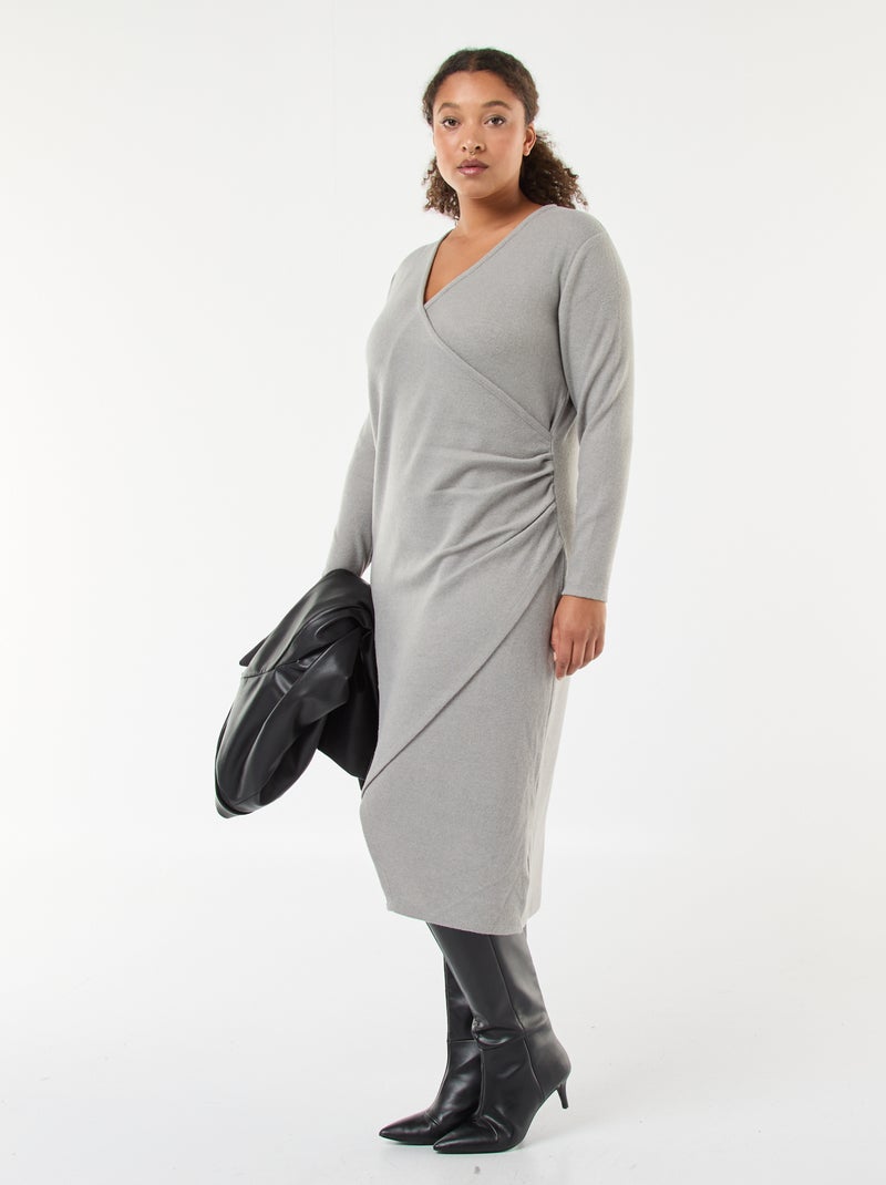Robe mi-longue portefeuille en maille Gris - Kiabi