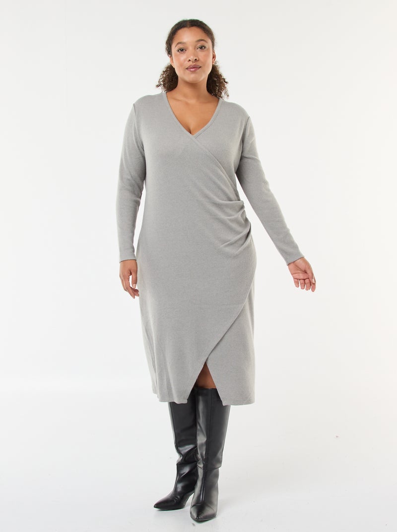 Robe mi-longue portefeuille en maille Gris - Kiabi
