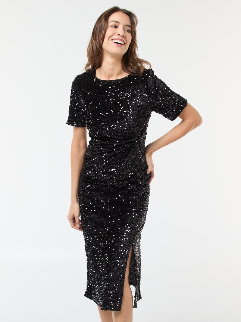 Robe midi de maternité col rond en sequins uni Noir - Kiabi