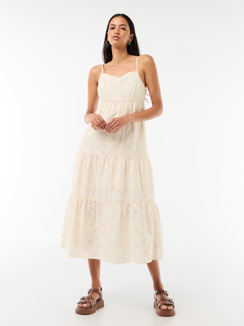 Robe midi en broderie anglaise avec bretelles réglables Beige - Kiabi