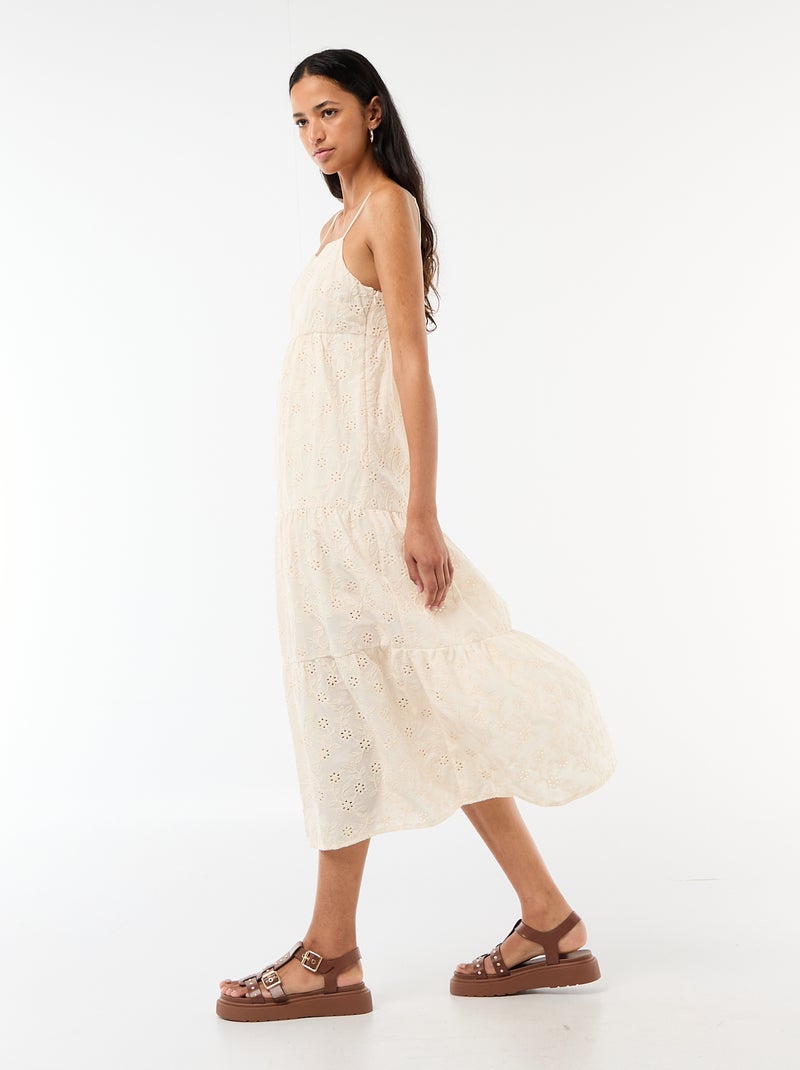 Robe midi en broderie anglaise avec bretelles réglables Beige - Kiabi