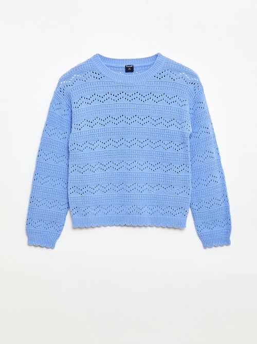 Round Neck Knit Sweater with Openwork Cotton Design - Kiabi