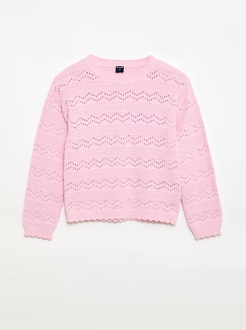 Round Neck Knit Sweater with Openwork Cotton Design - Kiabi