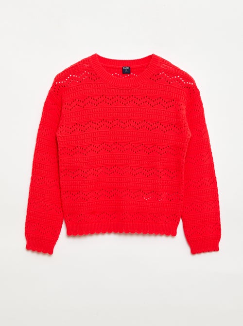 Round Neck Knit Sweater with Openwork Cotton Design - Kiabi