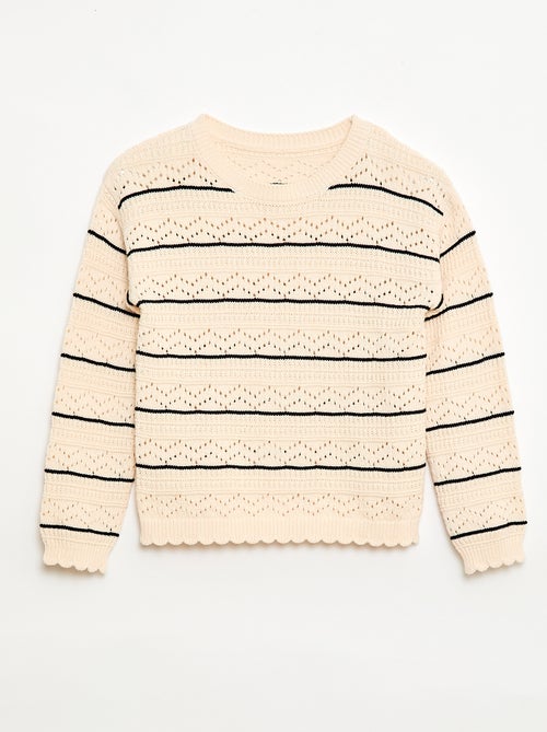 Round Neck Knit Sweater with Openwork Cotton Design - Kiabi