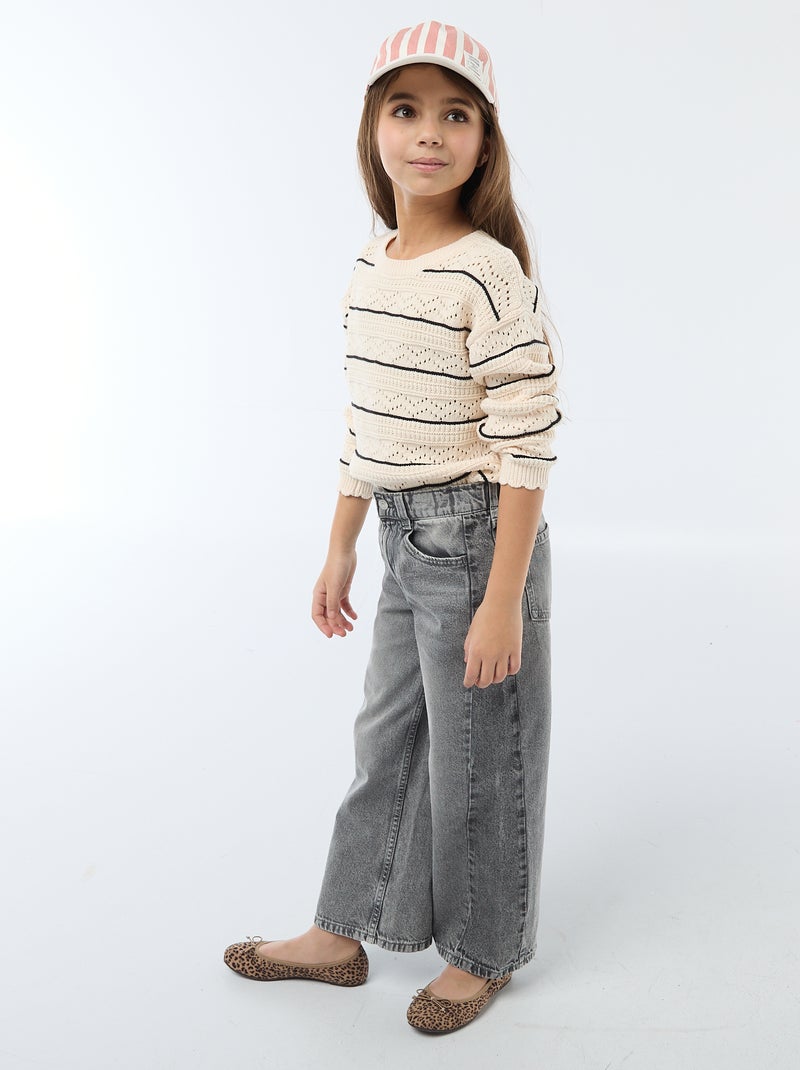 Round Neck Knit Sweater with Openwork Cotton Design White - Kiabi