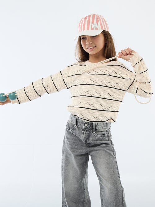 Round Neck Knit Sweater with Openwork Cotton Design - Kiabi