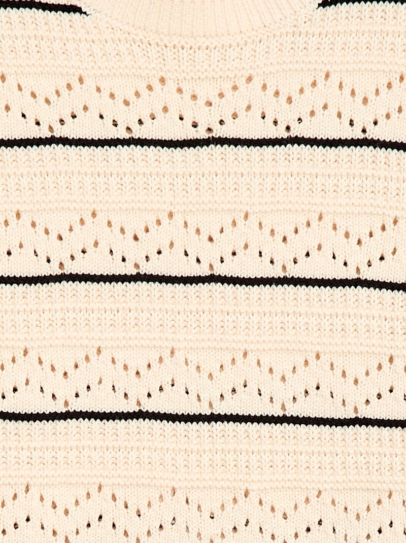 Round Neck Knit Sweater with Openwork Cotton Design White - Kiabi