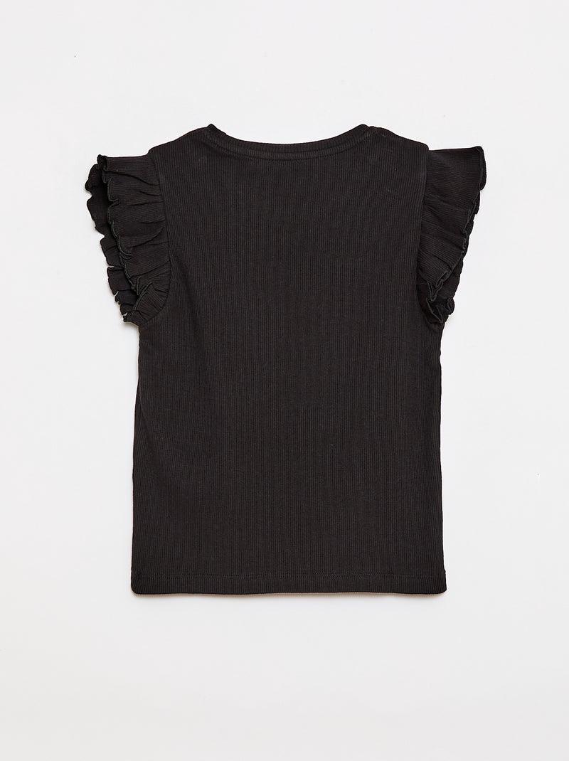 Ruffle-sleeved ribbed T-shirt Black - Kiabi