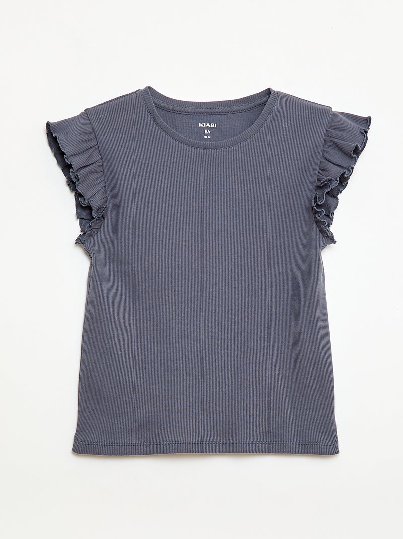 Ruffle-sleeved ribbed T-shirt Grey - Kiabi