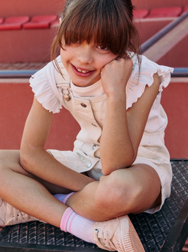 Ruffle-sleeved ribbed T-shirt White - Kiabi