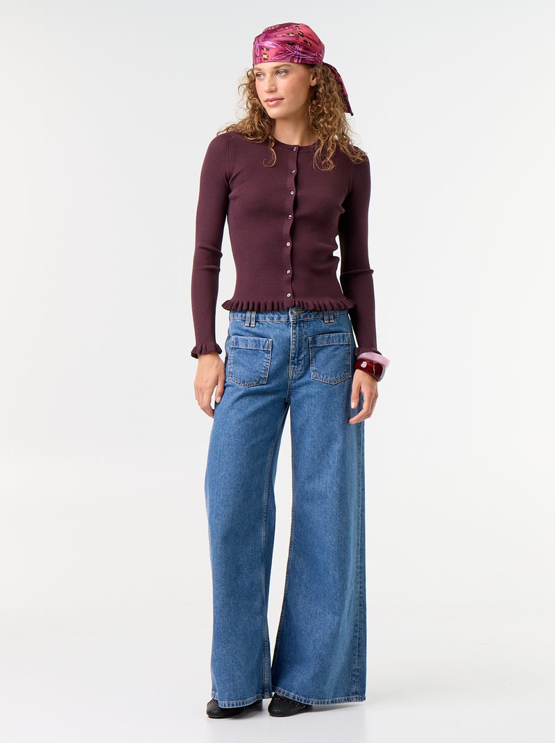 Ruffled Trim Ribbed Cardigan Purple - Kiabi