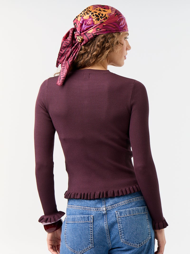 Ruffled Trim Ribbed Cardigan Purple - Kiabi