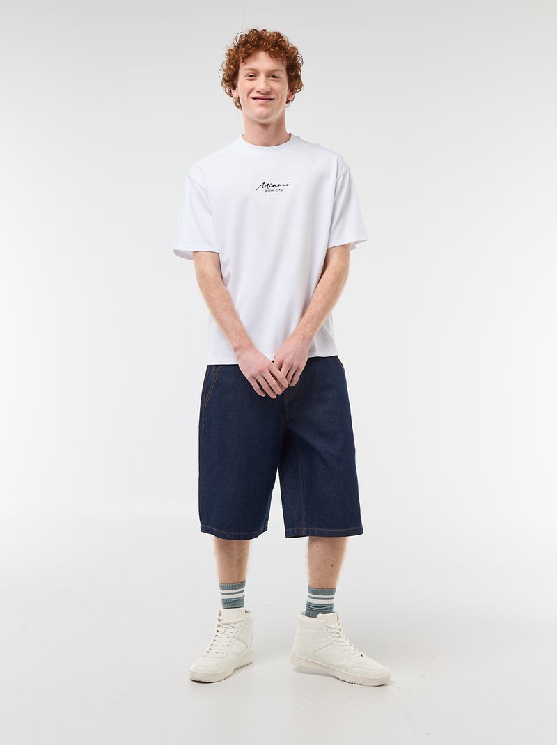 Rundhals-T-Shirt mit Kontraststickerei Weiß - Kiabi