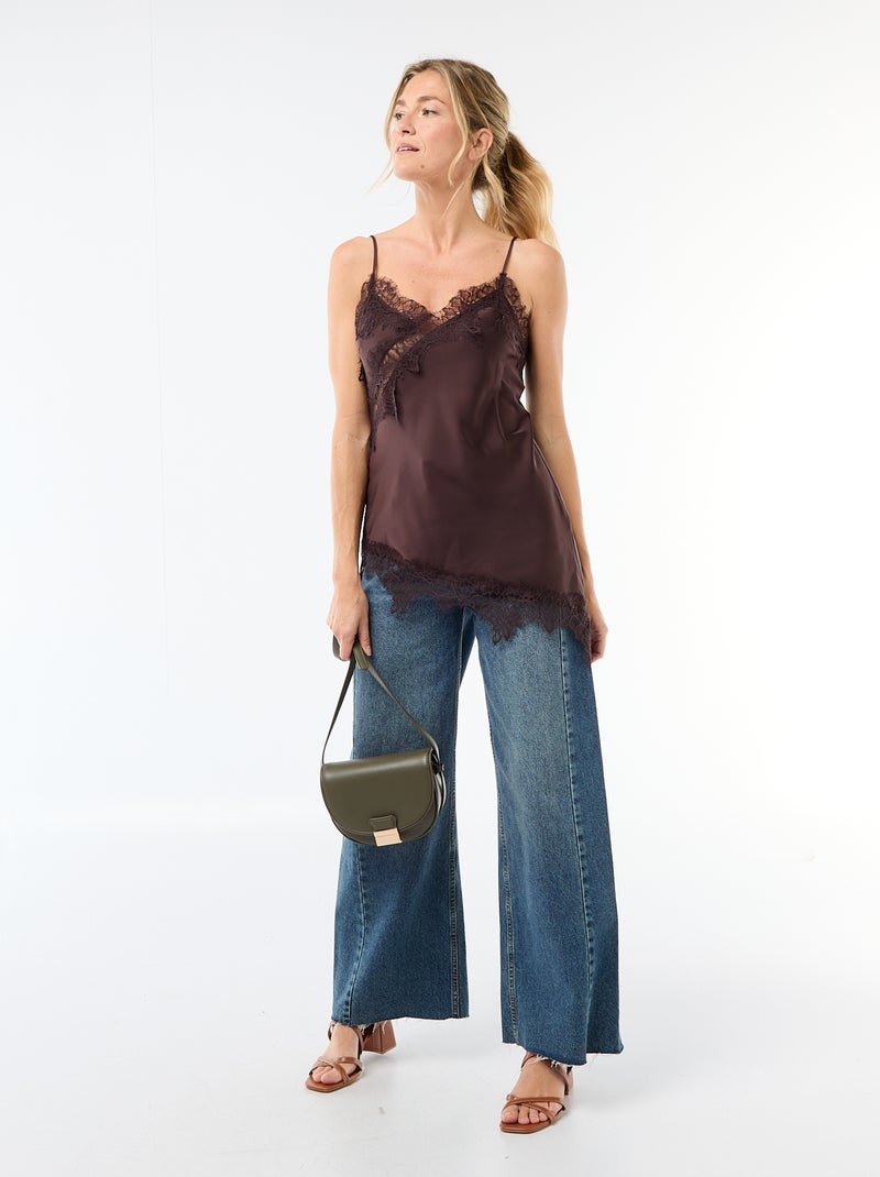 Satin Slip Dress with Lace Brown - Kiabi