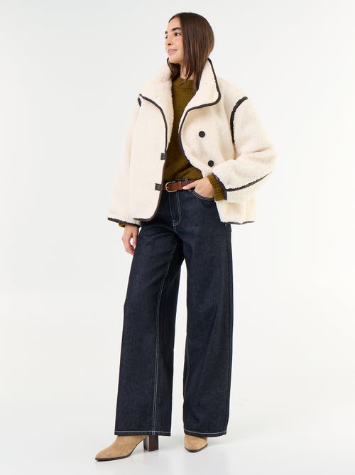 Shearling-look coat with contrasting trims - Kiabi