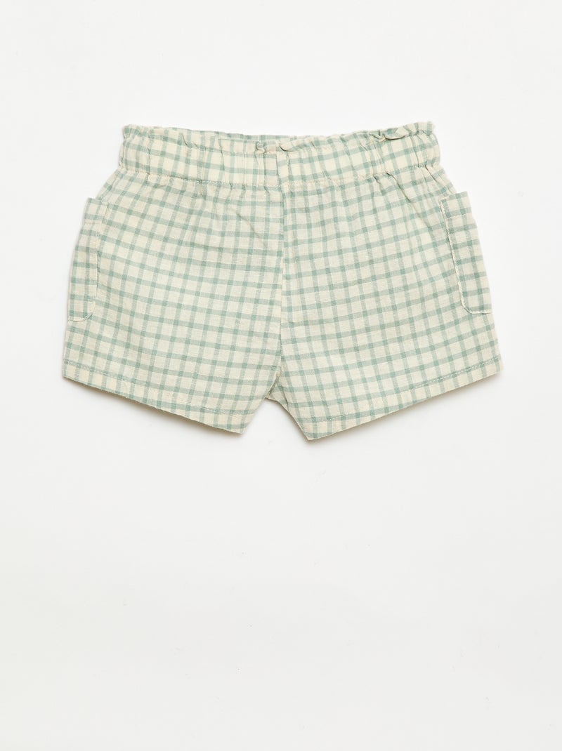 Short à carreaux en coton et lin Vert - Kiabi