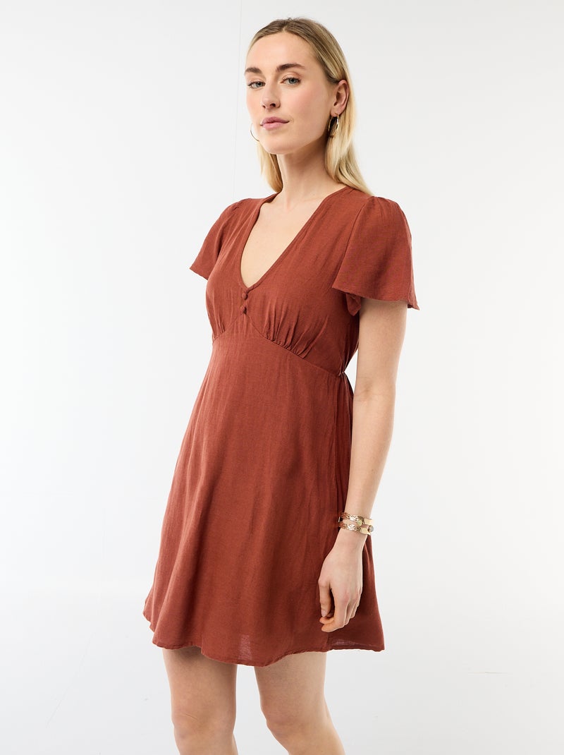 Short cotton and linen dress with butterfly sleeves Brown - Kiabi