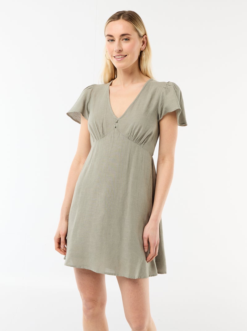 Short cotton and linen dress with butterfly sleeves Green - Kiabi