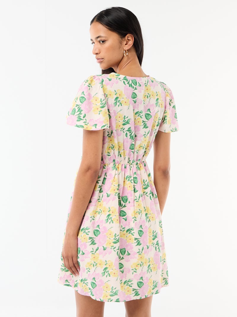 Short dress with butterfly sleeves in cotton and linen Pink - Kiabi