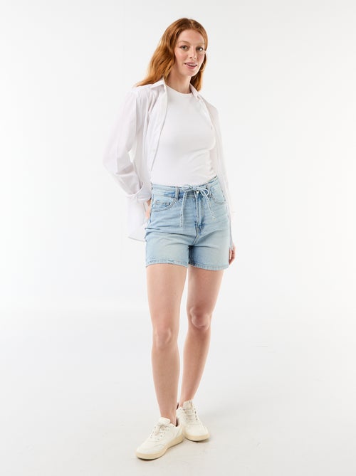 Short en jean taille haute avec ceinture à nouer - Kiabi