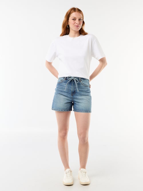 Short en jean taille haute avec ceinture à nouer - Kiabi