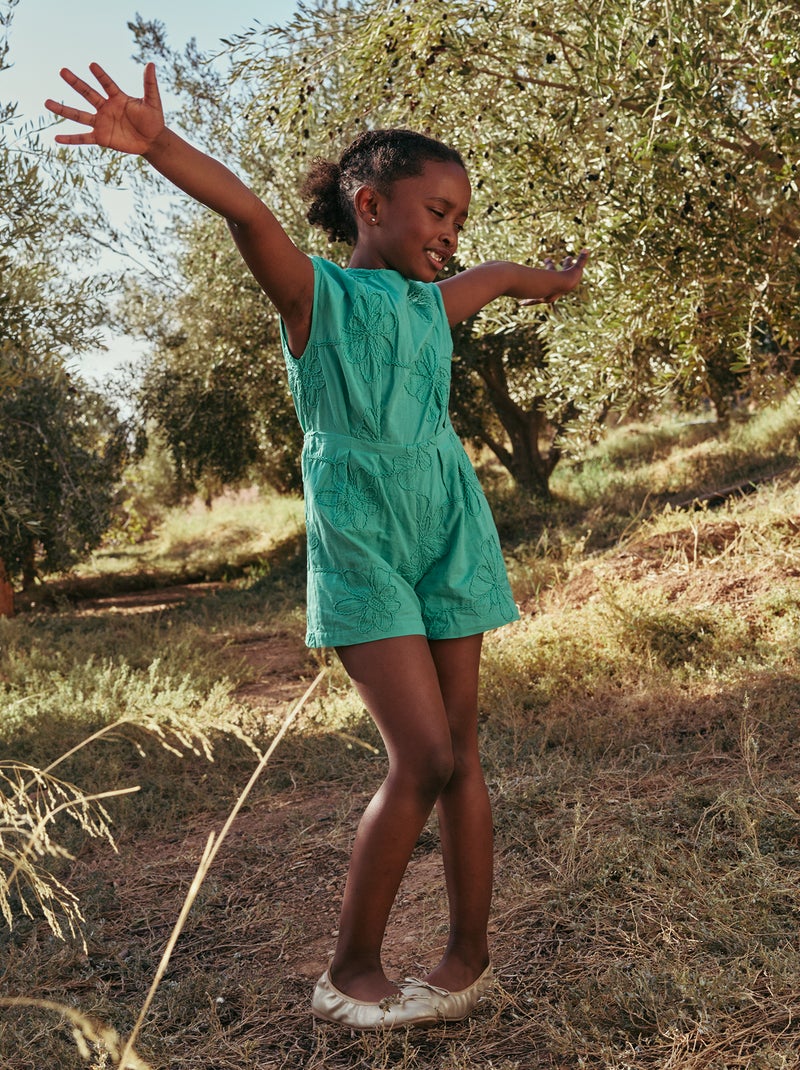 Short jumpsuit with large embroidered flowers Green - Kiabi