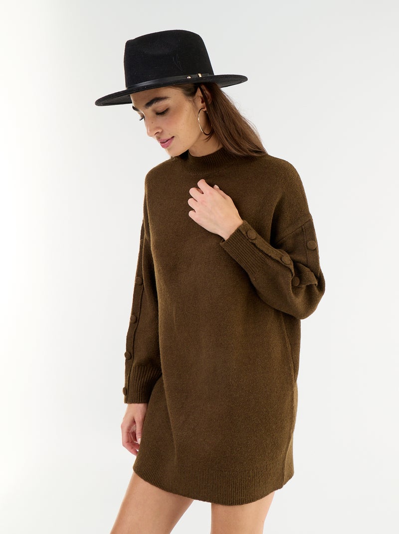 Short knit dress with button detail sleeves Brown - Kiabi