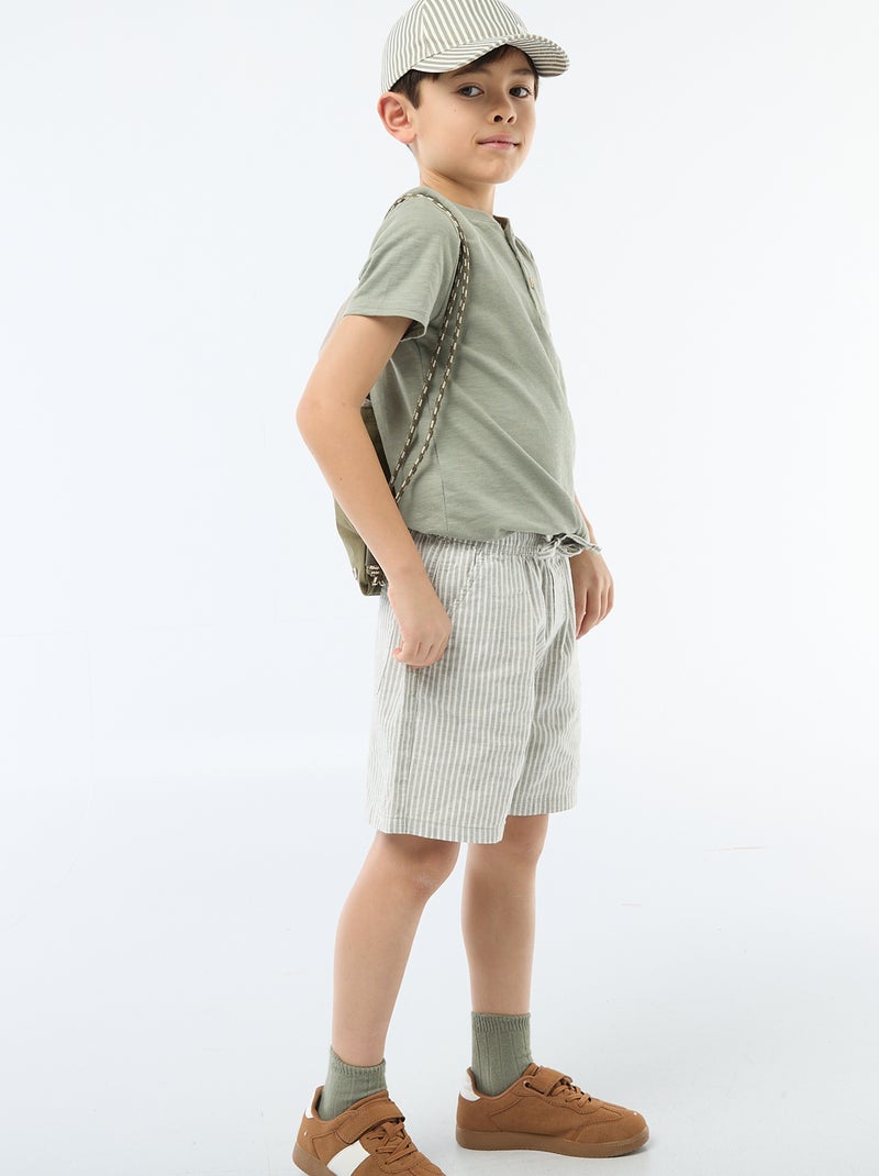 Short rayé léger en lin mélangé Kaki - Kiabi