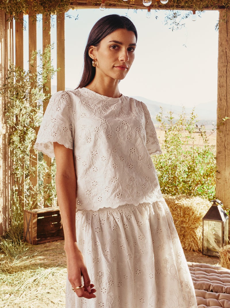 Short-Sleeve Broderie Anglaise Cotton Top Beige - Kiabi