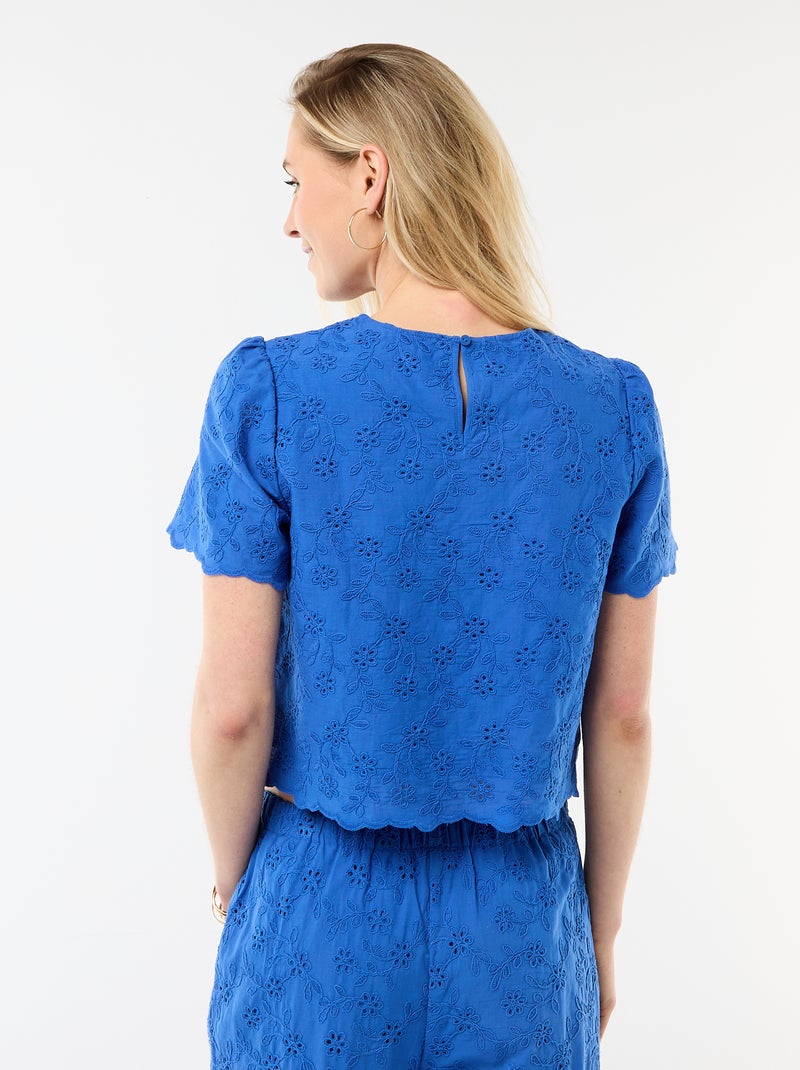 Short-Sleeve Broderie Anglaise Cotton Top Blue - Kiabi