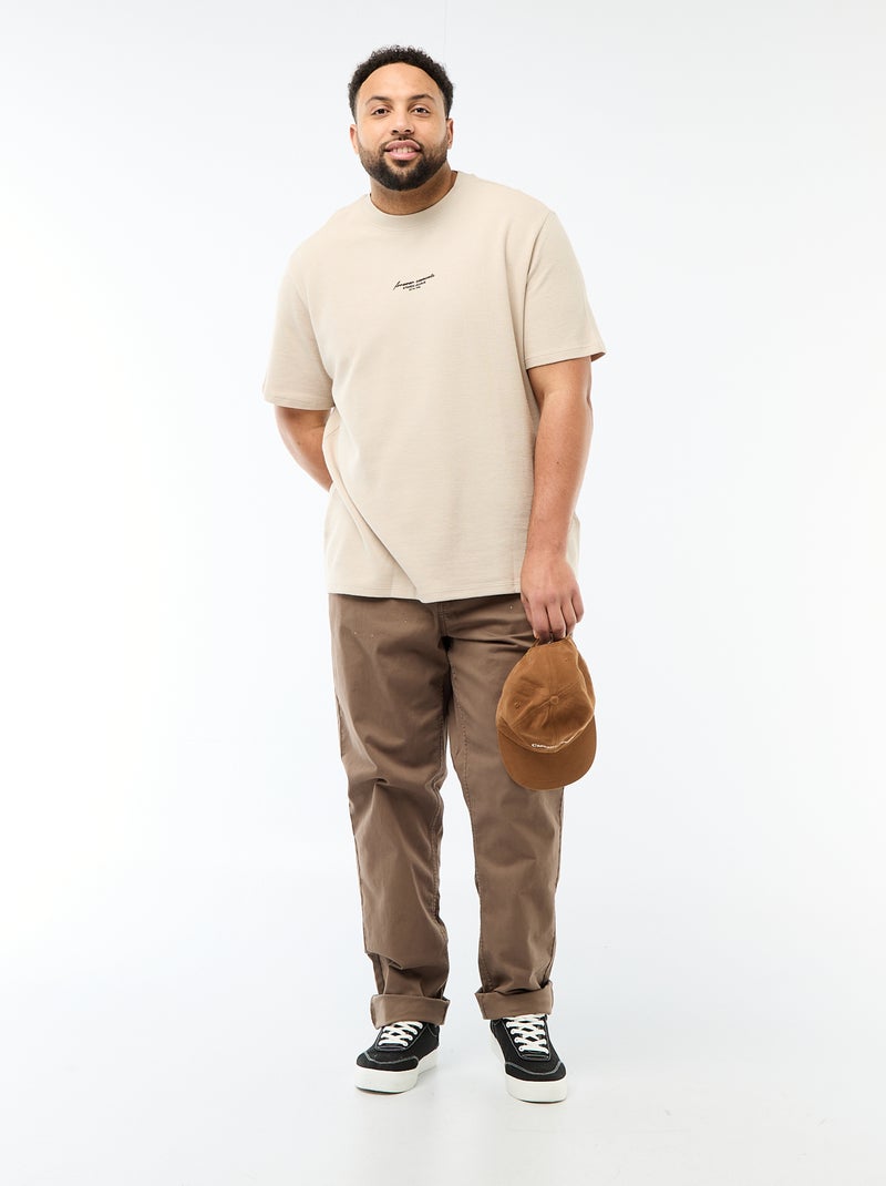 Short-Sleeve Crew Neck Jacquard Cotton T-Shirt Beige - Kiabi