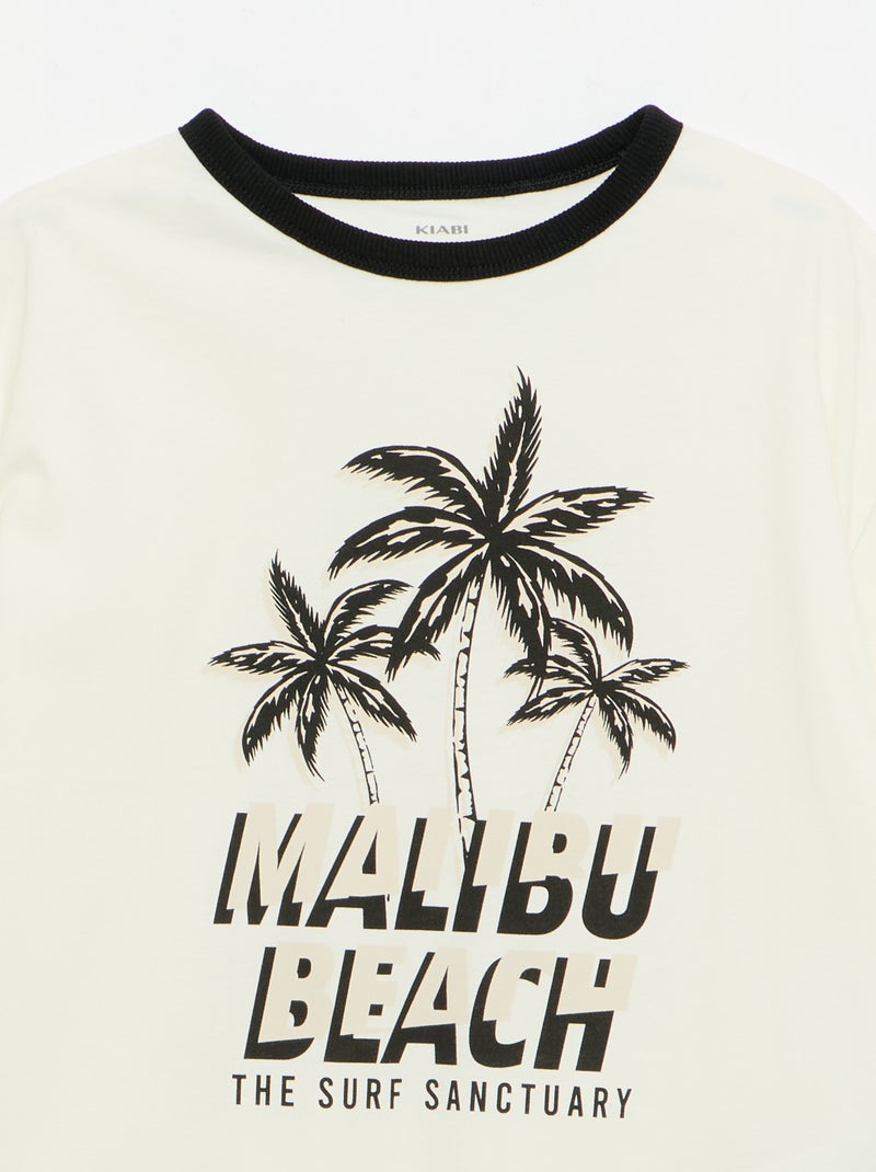 Short-Sleeve Patterned T-Shirt with Contrasting Trim White - Kiabi