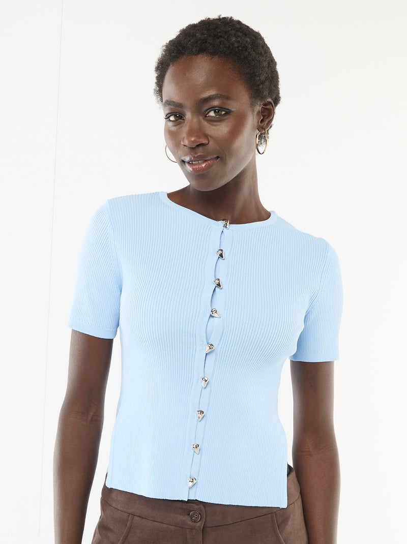Short-Sleeve Sweater with Decorative Buttons Blue - Kiabi