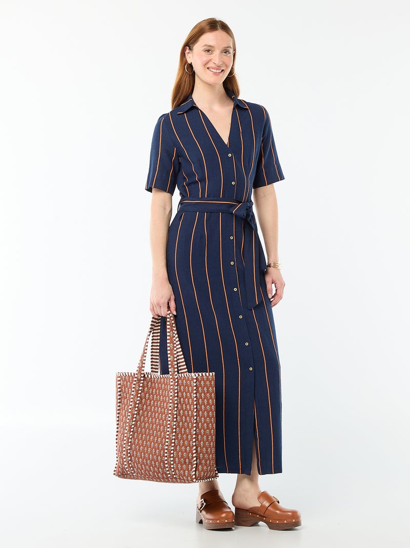 Short-Sleeved Cotton and Linen Long Shirt Dress Blue - Kiabi