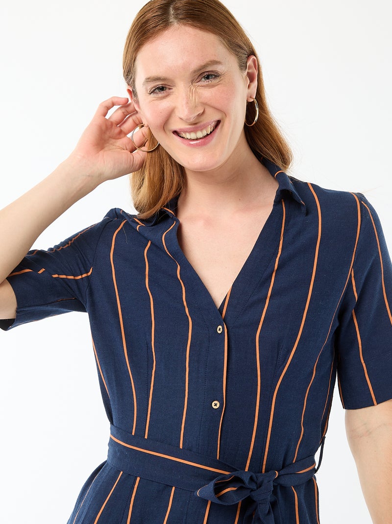 Short-Sleeved Cotton and Linen Long Shirt Dress Blue - Kiabi