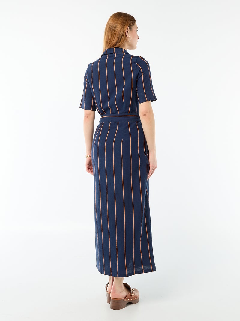 Short-Sleeved Cotton and Linen Long Shirt Dress Blue - Kiabi