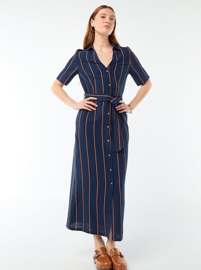 Short-Sleeved Cotton and Linen Long Shirt Dress Blue - Kiabi