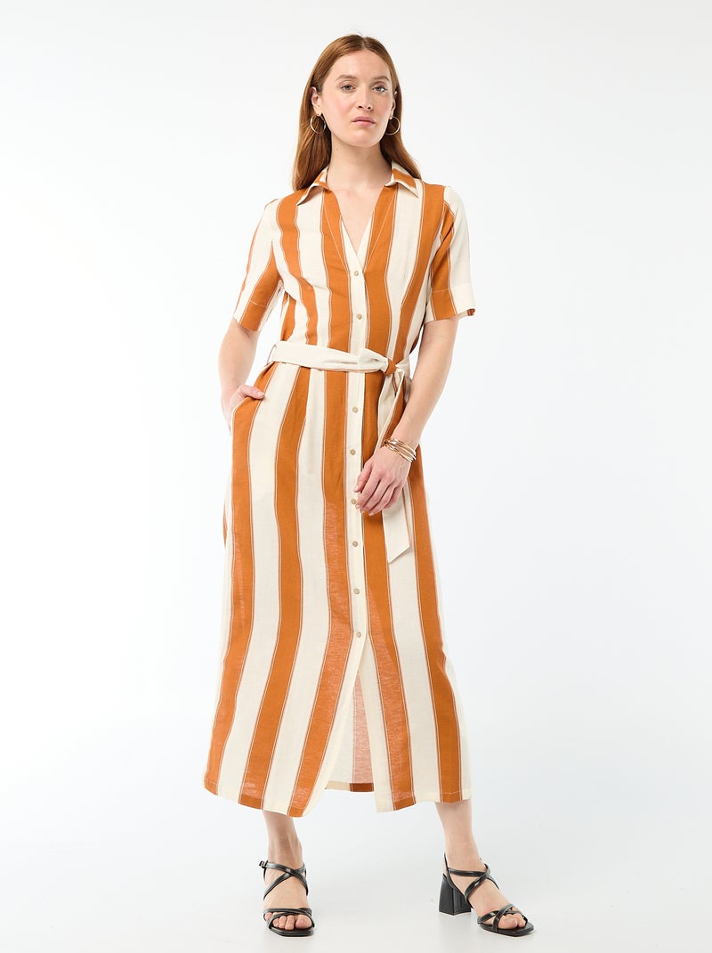 Short-Sleeved Cotton and Linen Long Shirt Dress Pink - Kiabi